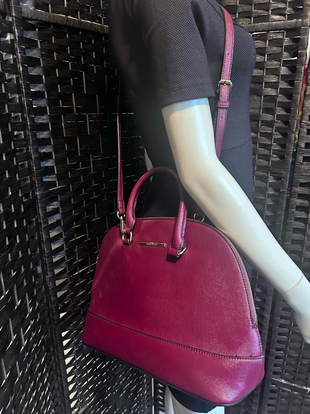 Anne Klein deep Burgundy domed satchel with removable Crossbody strap.